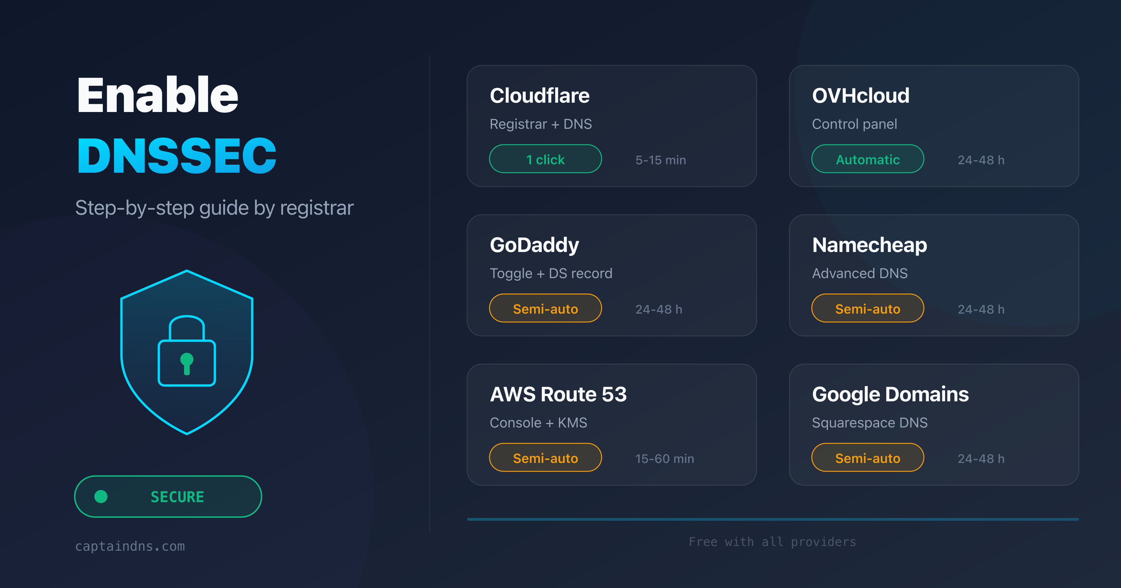 Enable DNSSEC with major registrars: Cloudflare, OVH, GoDaddy, Namecheap, Route 53, Google Domains