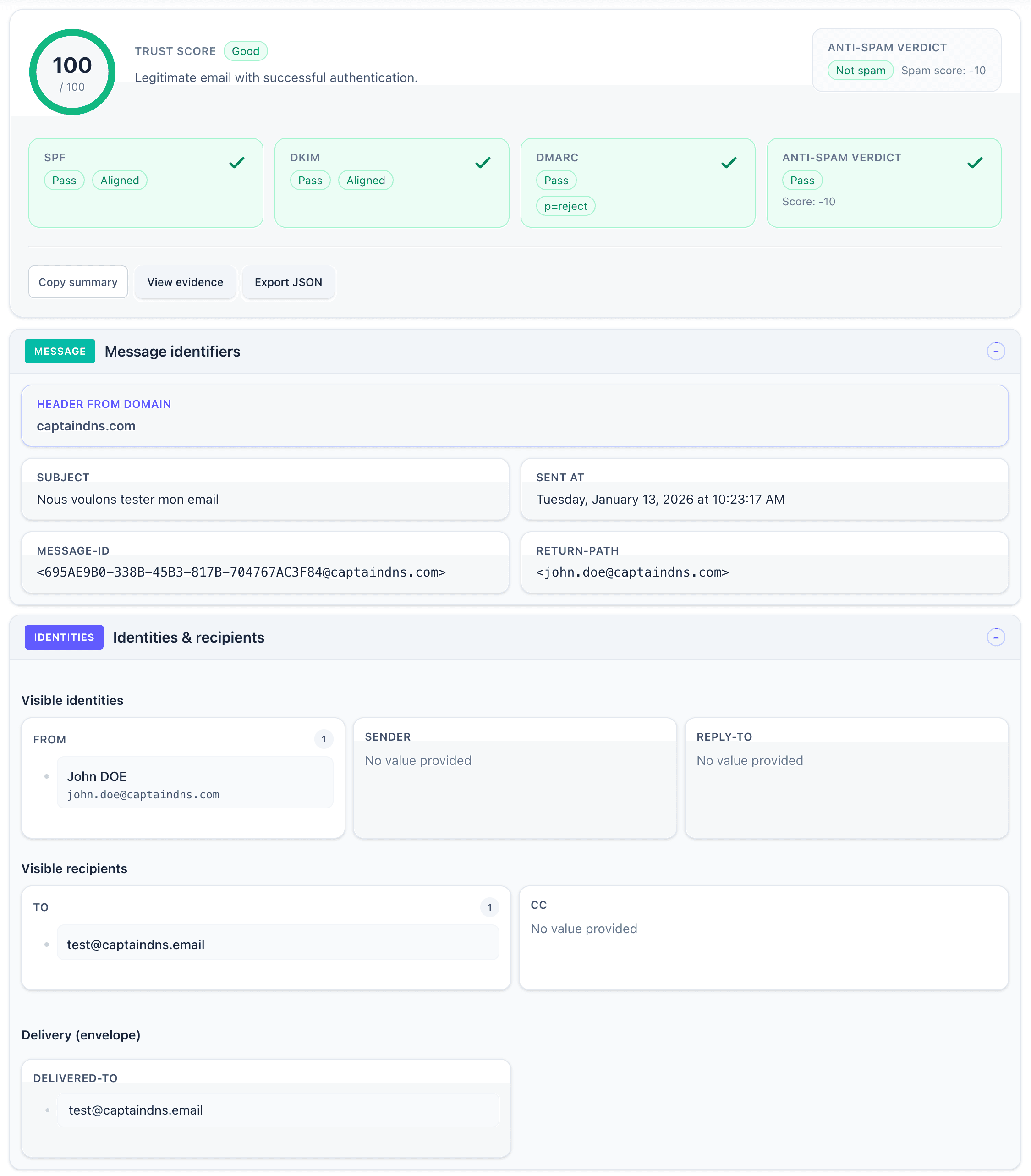 CaptainDNS email header analyzer screenshot